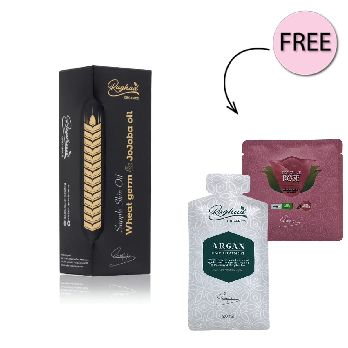 Raghad Organics Wheat Germ & Jojoba Oil 120ml + Free Touch Me Rose Body Scrub 40gm + Free Argan Hair Treatment 20ml